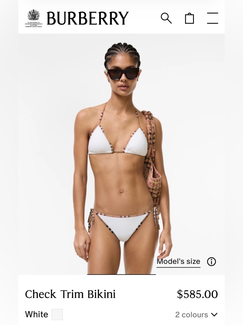 Burberry White Triangle Bikini with Check-Trim Straps